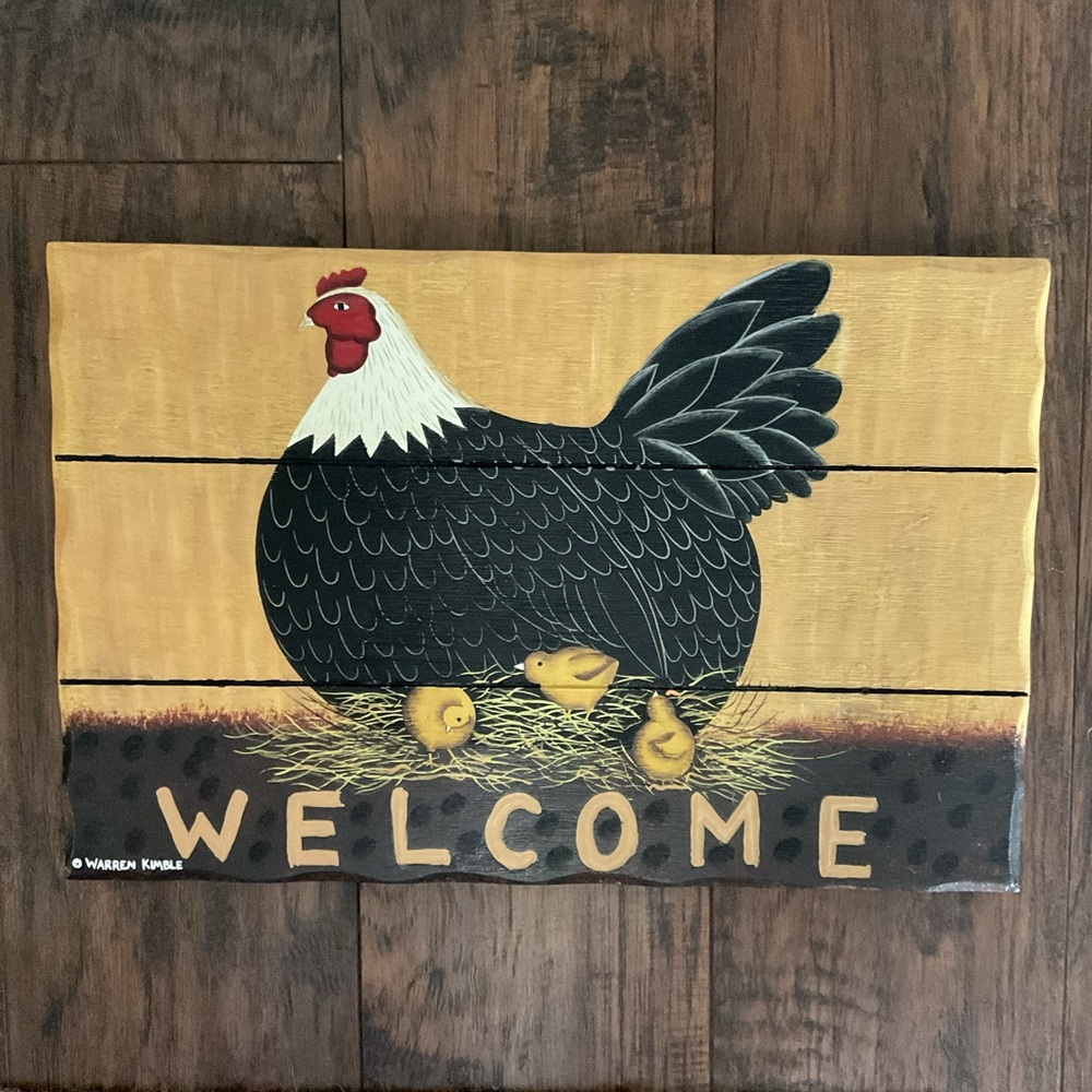 VINTAGE Warren Kimble Wood Welcome Sign CHICKEN & CHICKS Rustic  Farm 14x9"